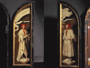 The Cleansing of Naaman Triptych: sidopaneler föreställande martyrerna Cosmas och Damian, beskyddare mot sjukdom, 1520 (panel)